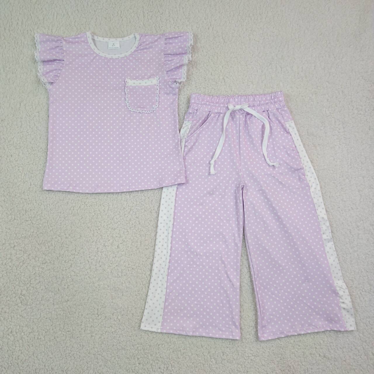 5 Colors Polka Dot Flutter Sleeve Top Straight Pockets Pants Girls Clothes Set Sisters Wear