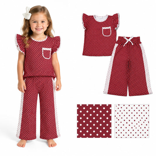 GSPO2329 Wine Flutter Sleeve Top Straight Pockets Pants Girls Clothes Set