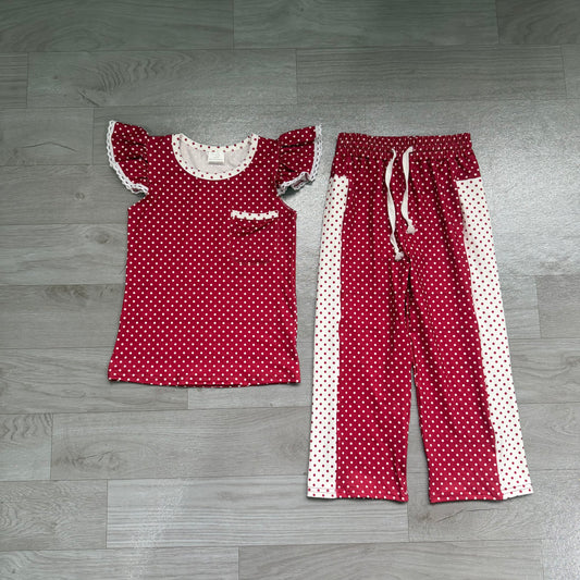 GSPO2329 Preorder Girls Burgundy Polka Dot Ruffle Tank & Wide Leg Pants 2 Piece Outfit