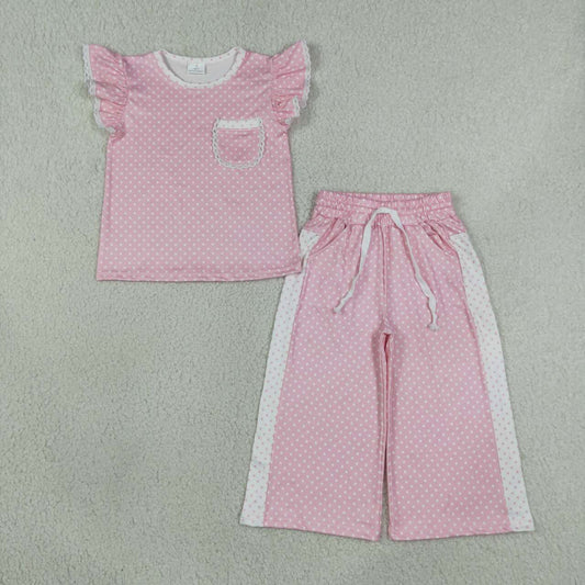 GSPO2330 Pink Dots Flutter Sleeve Top Straight Pockets Pants Girls Clothes Set