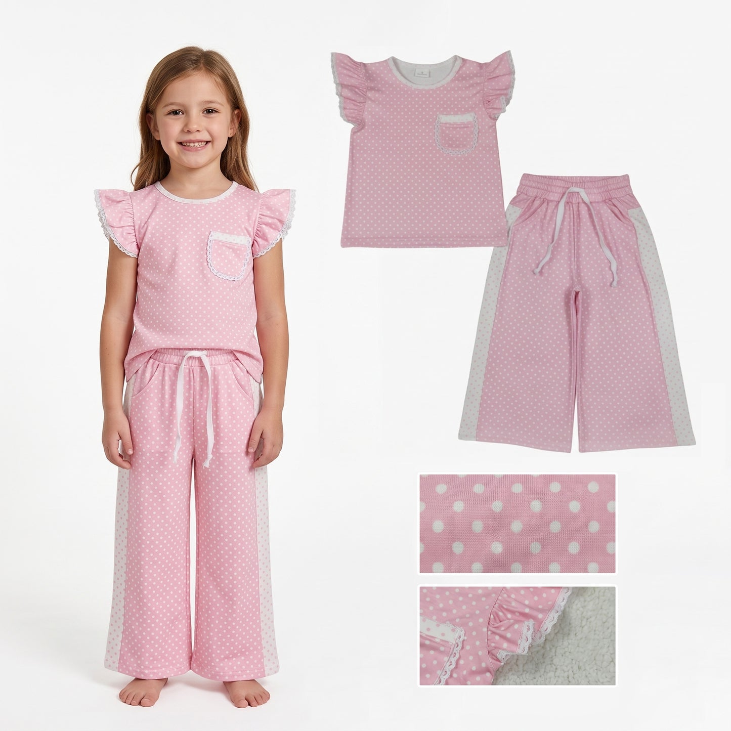 GSPO2330 Pink Dots Flutter Sleeve Top Straight Pockets Pants Girls Clothes Set
