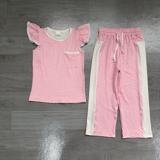 GSPO2330 Preorder Girls Pink Polka Dot Ruffle Tank & Wide Leg Pants 2 Piece Outfit