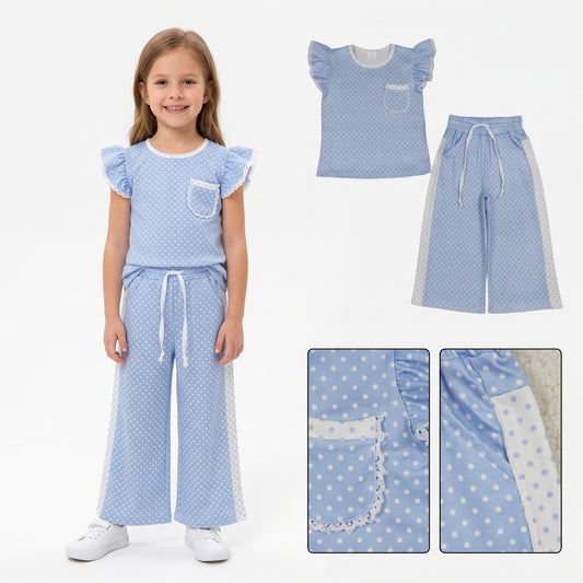GSPO2331 Blue Polka Dots Flutter Sleeve Top Straight Pockets Pants Girls Clothes Set