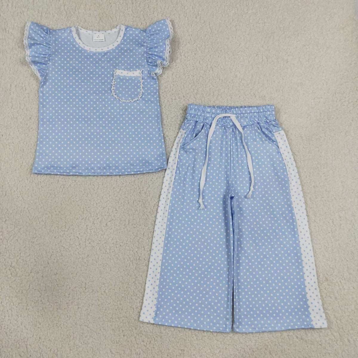 5 Colors Polka Dot Flutter Sleeve Top Straight Pockets Pants Girls Clothes Set Sisters Wear