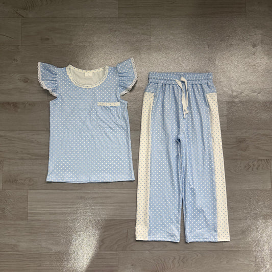 GSPO2331 Preorder Girls Blue Polka Dot Ruffle Tank & Wide Leg Pants 2 Piece Outfit