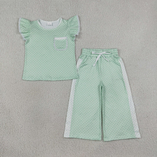 5 Colors Polka Dot Flutter Sleeve Top Straight Pockets Pants Girls Clothes Set Sisters Wear