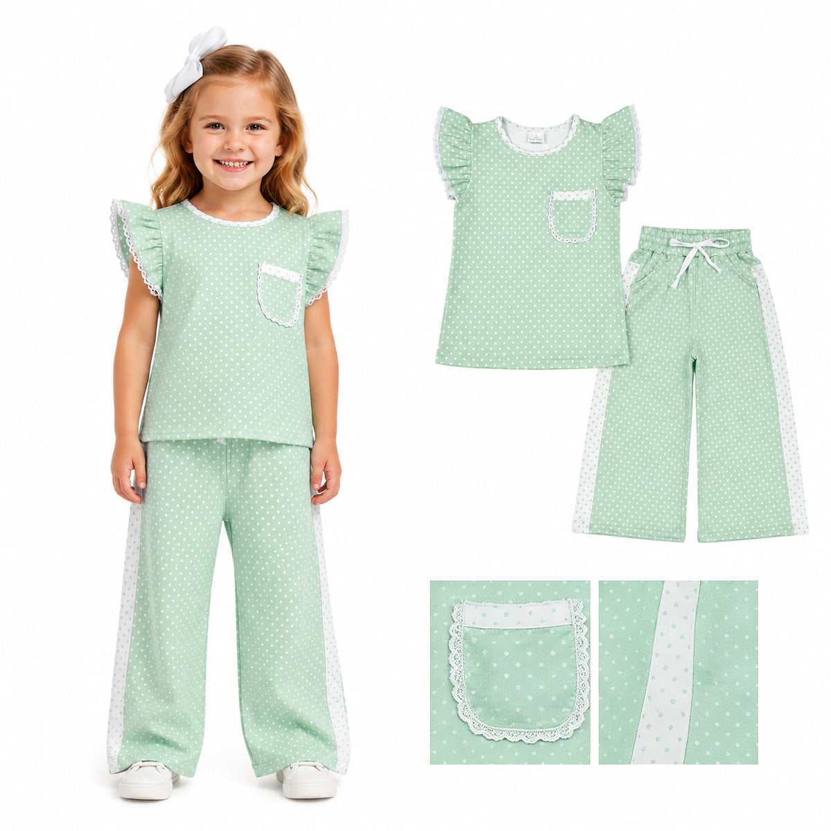 5 Colors Polka Dot Flutter Sleeve Top Straight Pockets Pants Girls Clothes Set Sisters Wear