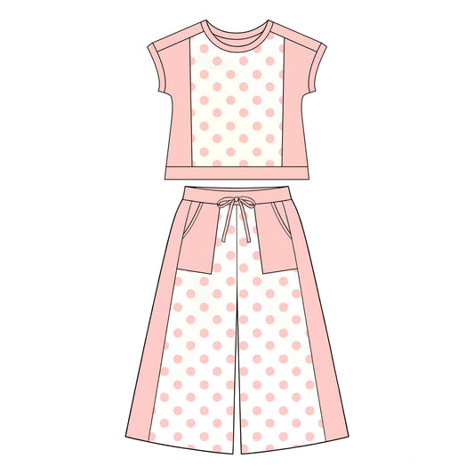 7.2 Preorder Girls Pink Color Block Polka Dot Short Sleeve Top & Wide Leg Capri Pants Outfit
