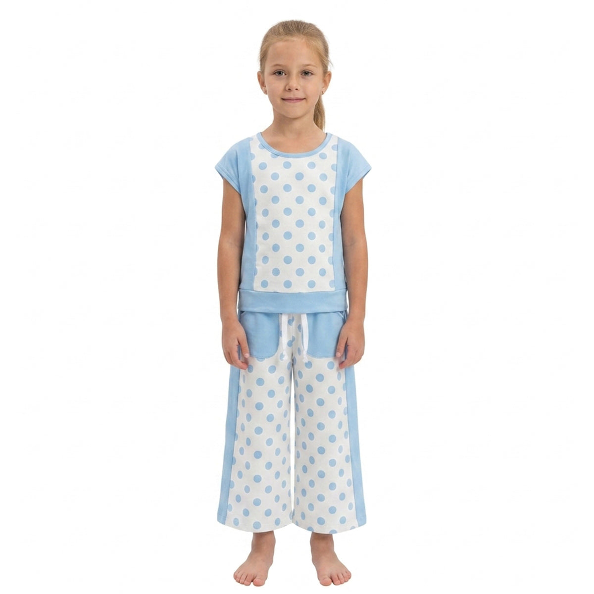 GSPO2334 Dots Blue Patchwork Top Pockets Pants Girls Clothes Set