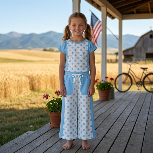 GSPO2334 Dots Blue Patchwork Top Pockets Pants Girls Clothes Set