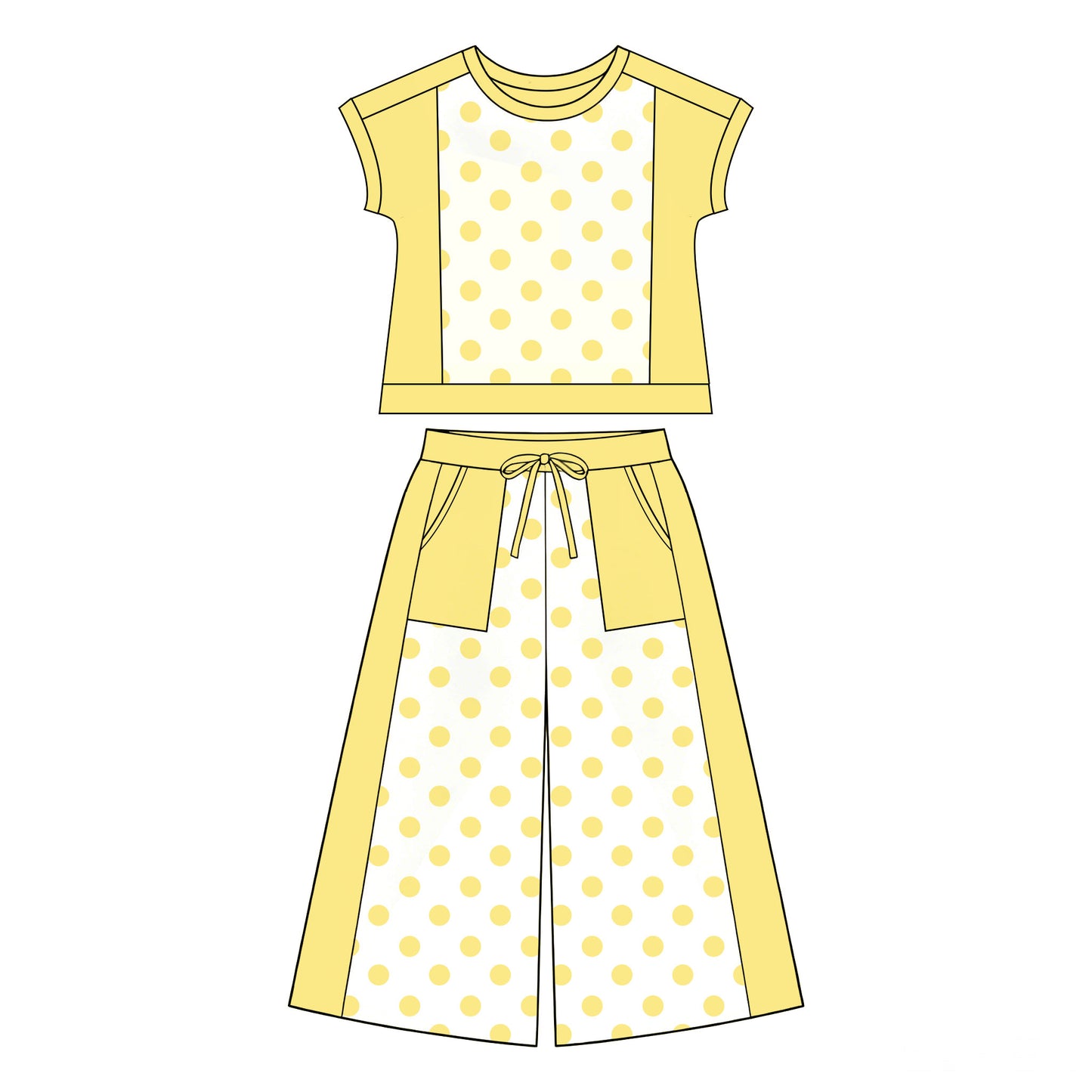 7.2 Preorder Girls Yellow Color Block Polka Dot Short Sleeve Top & Wide Leg Capri Pants Outfit