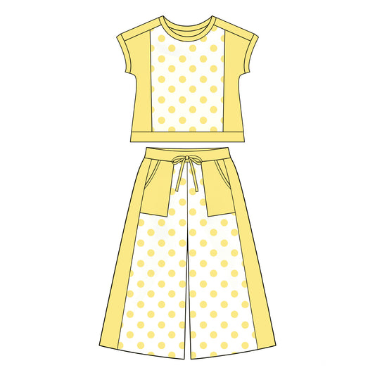 7.2 Preorder Girls Yellow Color Block Polka Dot Short Sleeve Top & Wide Leg Capri Pants Outfit