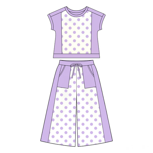 7.2 Preorder Girls Purple Color Block Polka Dot Short Sleeve Top & Wide Leg Capri Pants Outfit