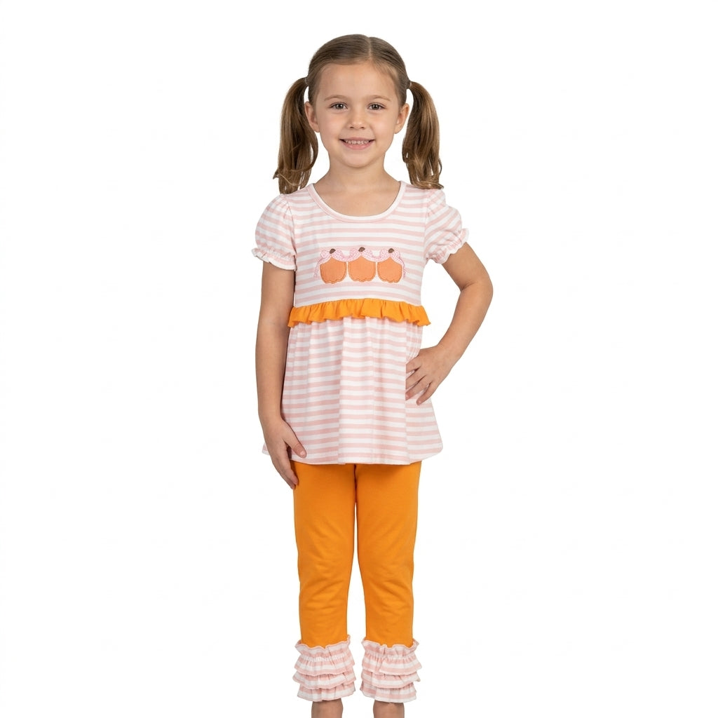 GSPO2337 Pumpkin Embroidery Pink Stripes Tunic Top Orange Pants Girls Fall Clothes Set