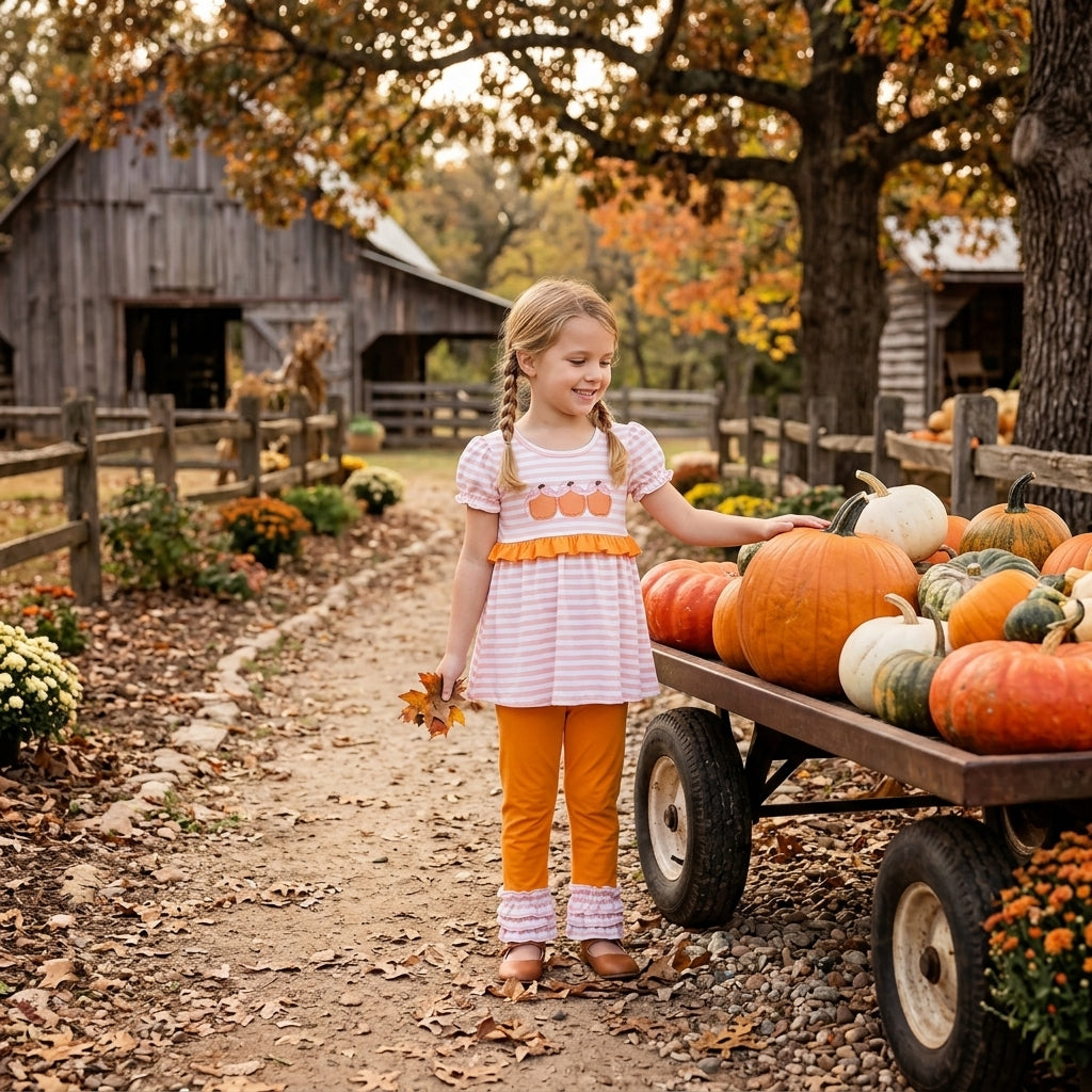 GSPO2337 Pumpkin Embroidery Pink Stripes Tunic Top Orange Pants Girls Fall Clothes Set