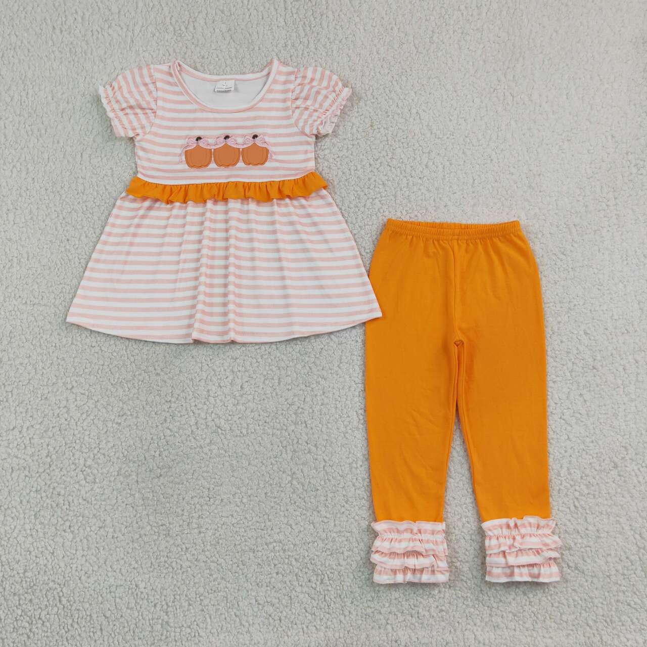 GSPO2337 Pumpkin Embroidery Pink Stripes Tunic Top Orange Pants Girls Fall Clothes Set