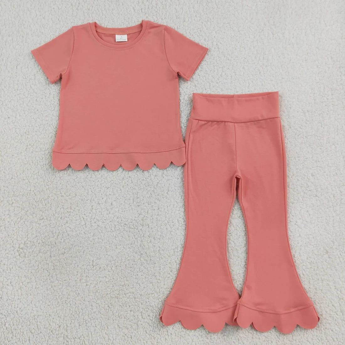 Sibling Baby Girls Solid Color Short Sleeve Scallop Top with bell Bottom Pants Outfit