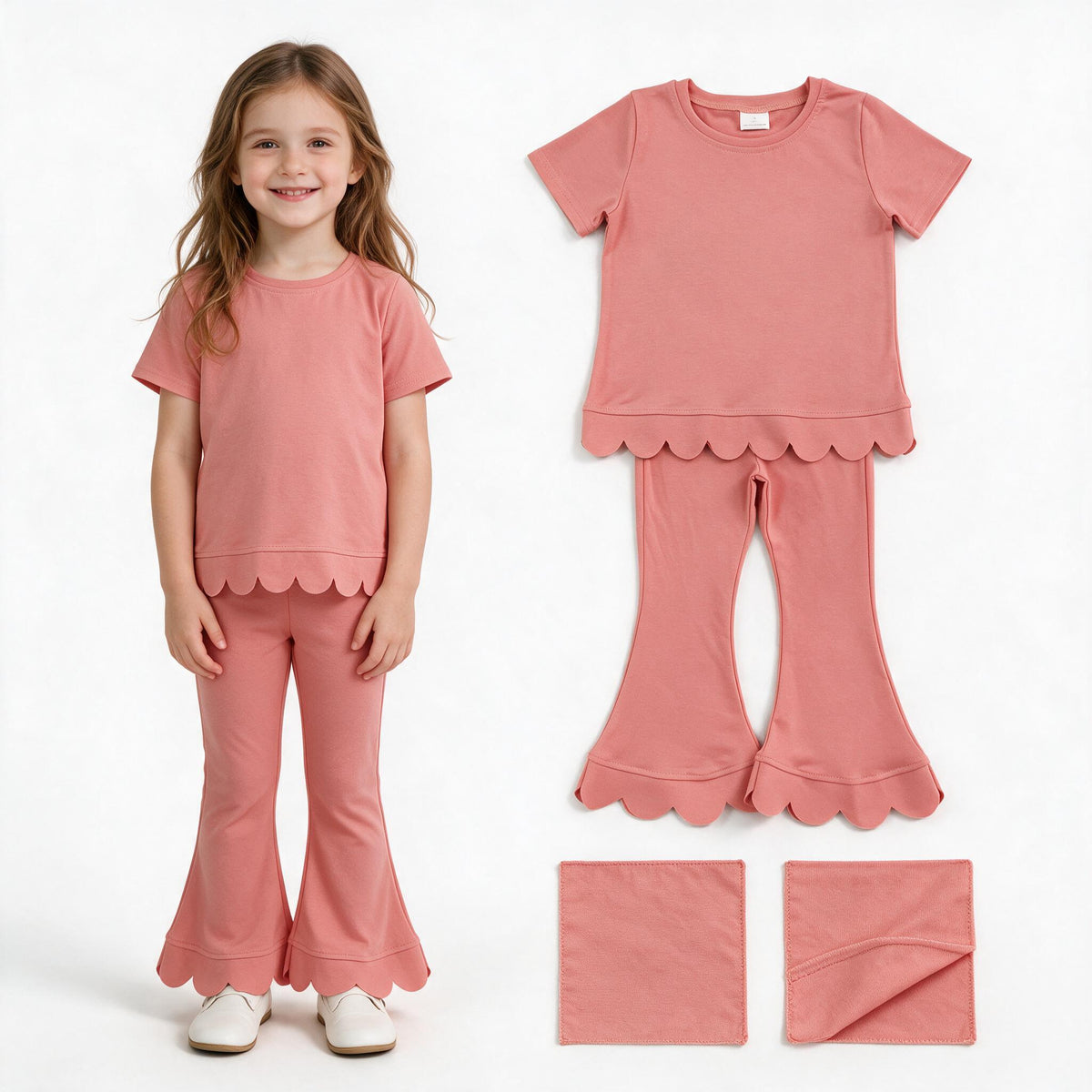 GSPO2338 Pink Cotton Scallop Edge Short Sleeve Bell Pants Girls Clothes Set