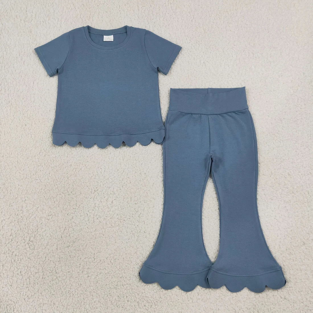 Sibling Baby Girls Solid Color Short Sleeve Scallop Top with bell Bottom Pants Outfit