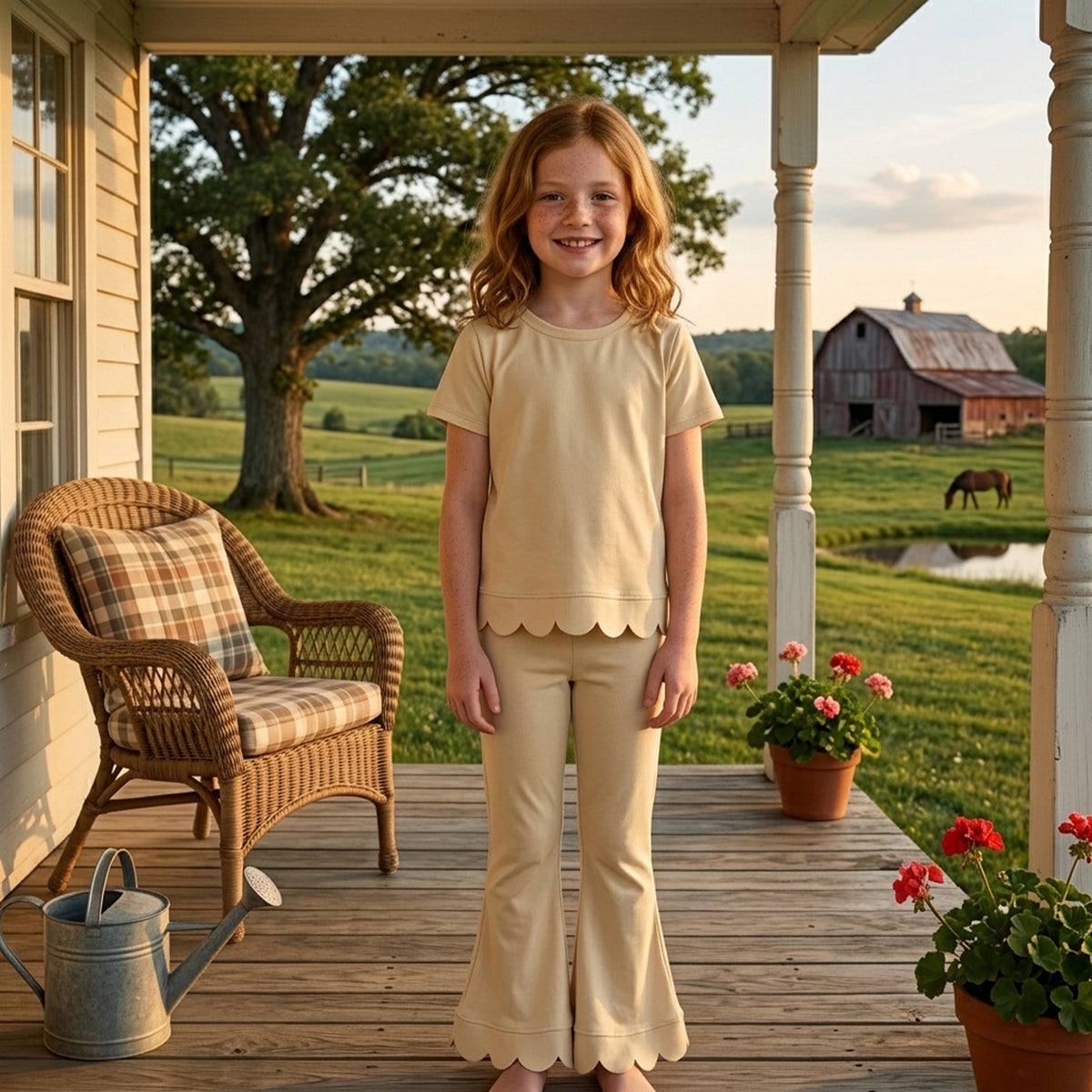 GSPO2340 Khaki Cotton Scallop Edge Short Sleeve Bell Pants Girls Clothes Set