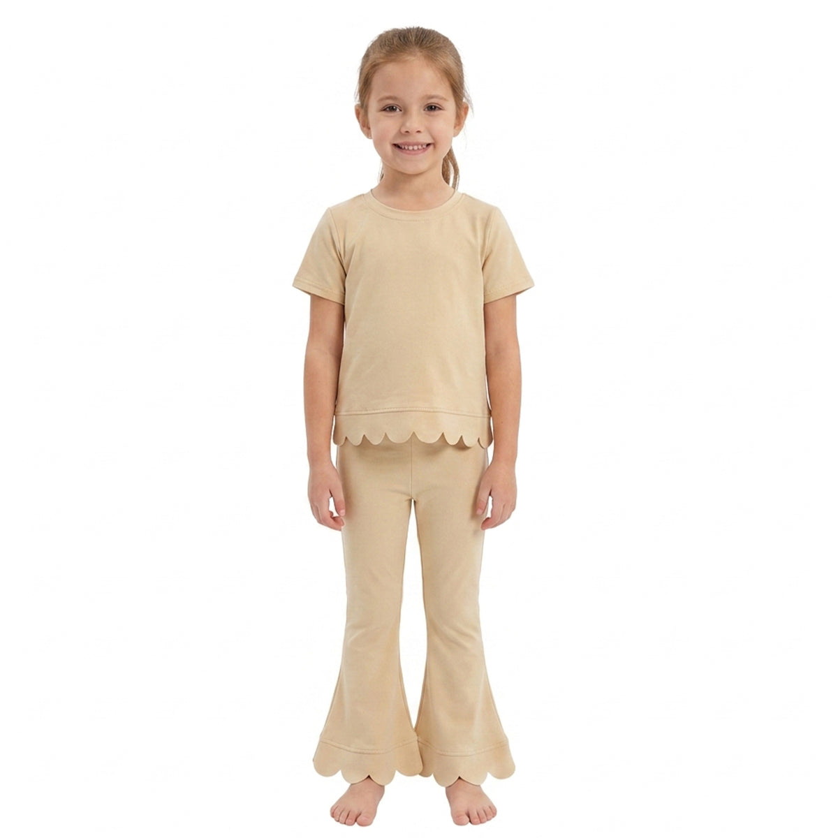 GSPO2340 Khaki Cotton Scallop Edge Short Sleeve Bell Pants Girls Clothes Set