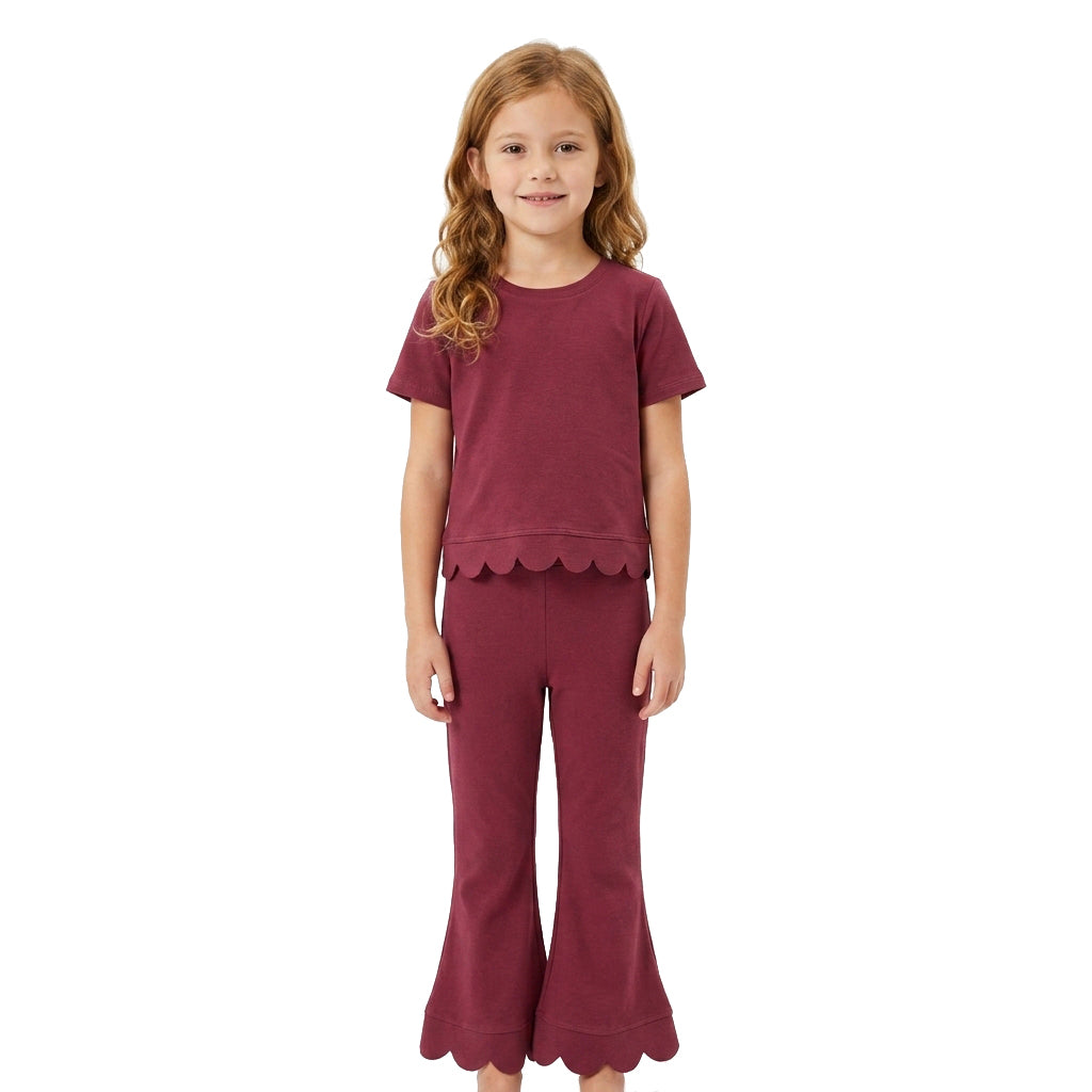 GSPO2341 Burgundy Cotton Scallop Edge Short Sleeve Bell Pants Girls Clothes Set