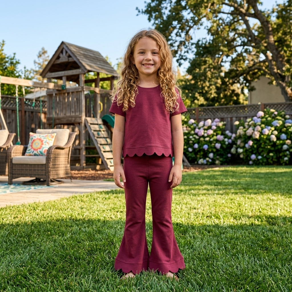 GSPO2341 Burgundy Cotton Scallop Edge Short Sleeve Bell Pants Girls Clothes Set