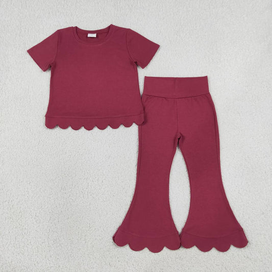 GSPO2341 Burgundy Cotton Scallop Edge Short Sleeve Bell Pants Girls Clothes Set