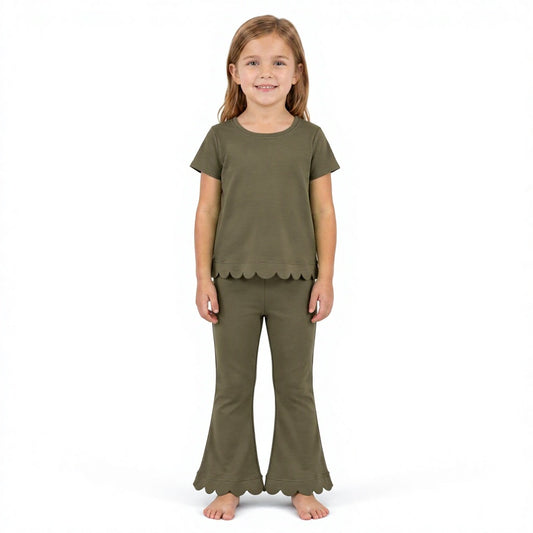 GSPO2342 Olive Green Cotton Scallop Edge Short Sleeve Bell Pants Girls Clothes Set