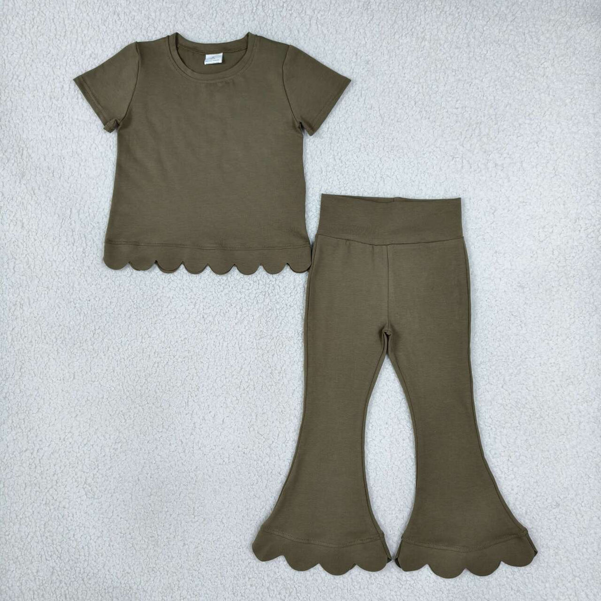 10 Colors Cotton Scallop Edge Short Sleeve Bell Pants Girls Fall Clothes Set Sisters Wear