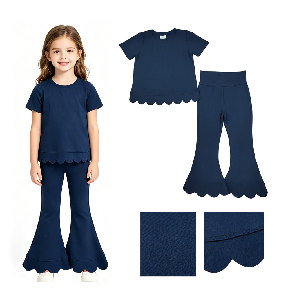 GSPO2343 Navy Cotton Scallop Edge Short Sleeve Bell Pants Girls Clothes Set
