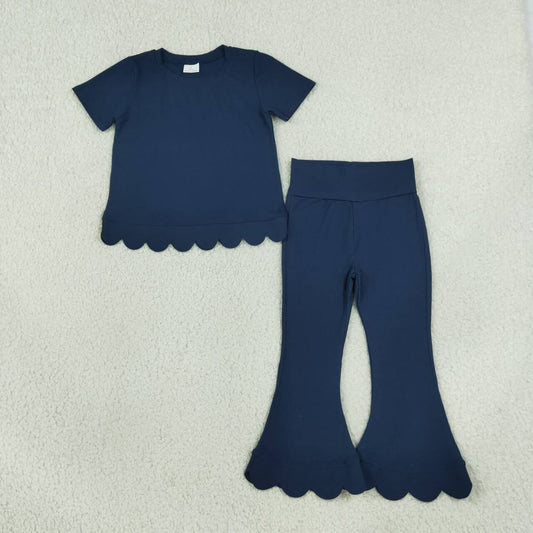 GSPO2343 Navy Cotton Scallop Edge Short Sleeve Bell Pants Girls Clothes Set
