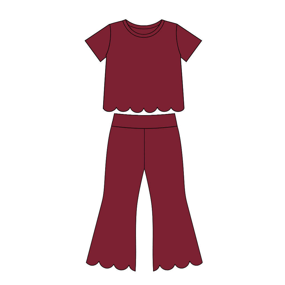 7.14 GSPO2344 Preorder Wine Cotton Girls Scallop Edge Clothes Set