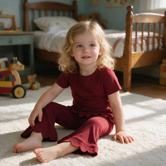 GSPO2344 Wine Cotton Scallop Edge Short Sleeve Bell Pants Girls Clothes Set