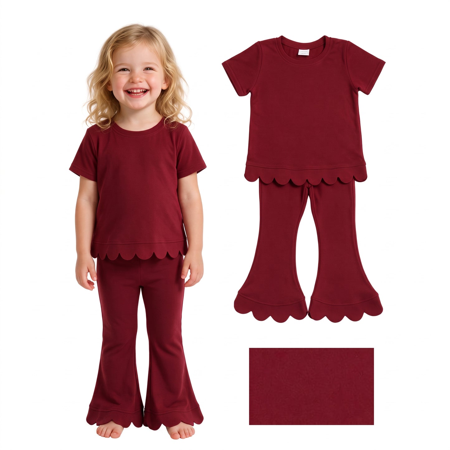 GSPO2344 Wine Cotton Scallop Edge Short Sleeve Bell Pants Girls Clothes Set
