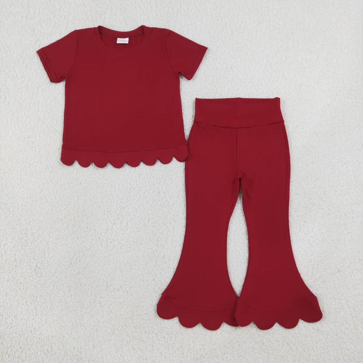 GSPO2344 Wine Cotton Scallop Edge Short Sleeve Bell Pants Girls Clothes Set