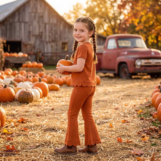 GSPO2345 Pumpkin Solid Color Cotton Scallop Edge Short Sleeve Bell Pants Girls Clothes Set