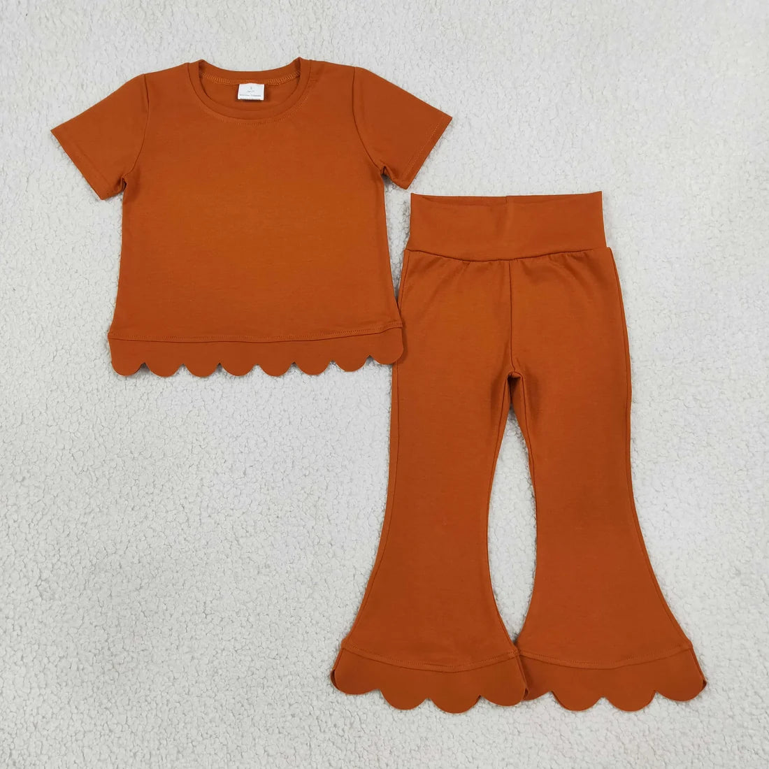 Sibling Baby Girls Solid Color Short Sleeve Scallop Top with bell Bottom Pants Outfit