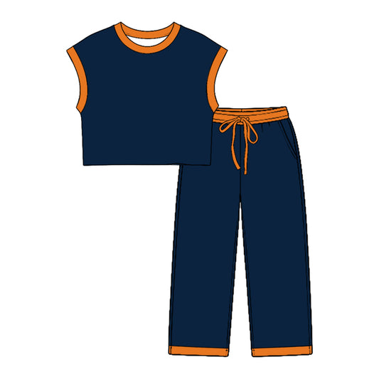 7.23 GSPO2348 Preorder Teams Navy Cotton Sleeveless Top Pockets Pants Kids Clothes Set