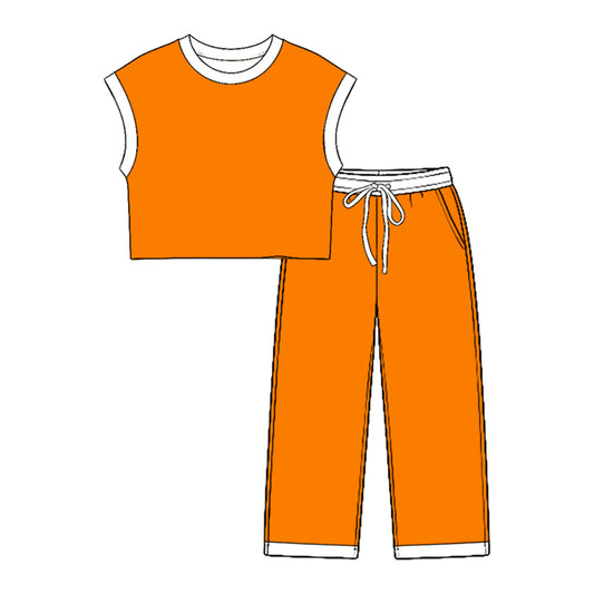 7.23 GSPO2349 Preorder Teams Orange Cotton Sleeveless Top Pockets Pants Kids Clothes Set