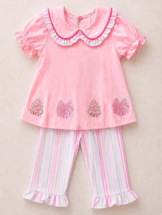 7.24 GSPO2356 Preorder Christmas Tree Gifts Pink Doll Collar Tunic Top Stripes Pants Girls Clothes Set