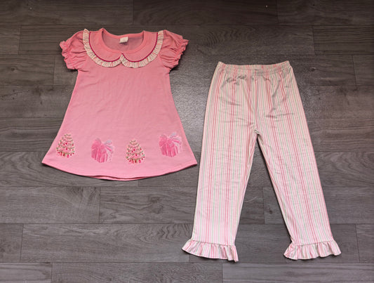 7.24 GSPO2356 Preorder Christmas Tree Gifts Pink Doll Collar Tunic Top Stripes Pants Girls Clothes Set
