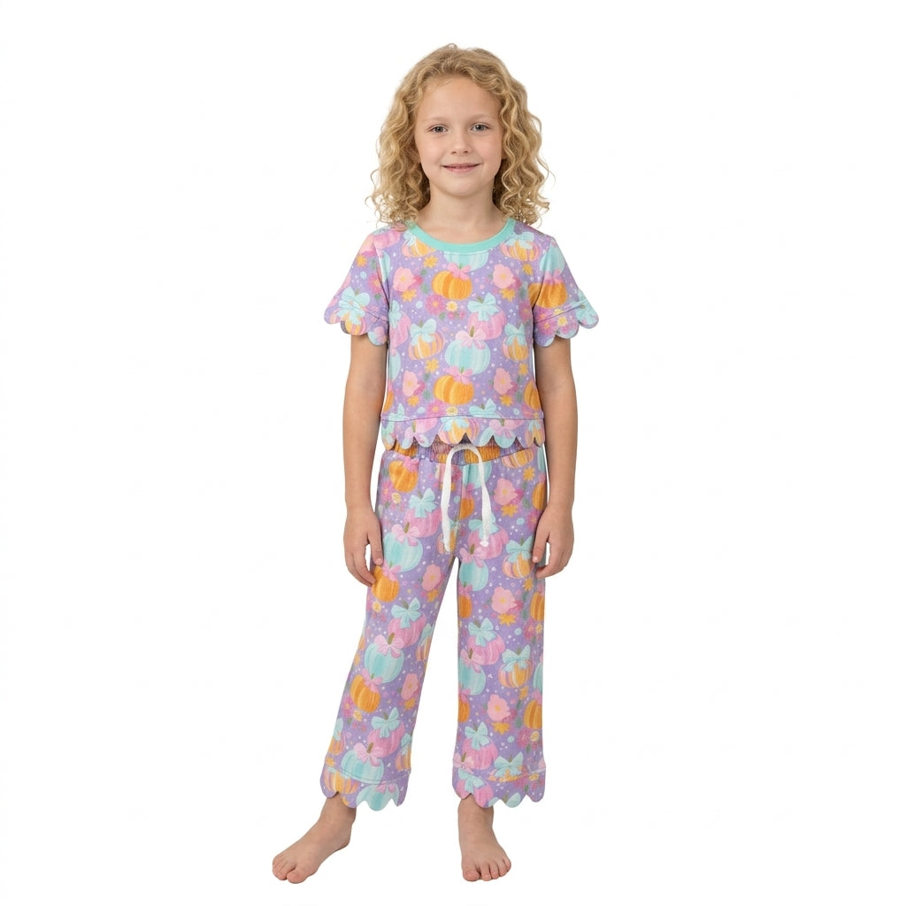 Pumpkin Flowers Bows Print Girls Fall Scallop Edge Clothes Set