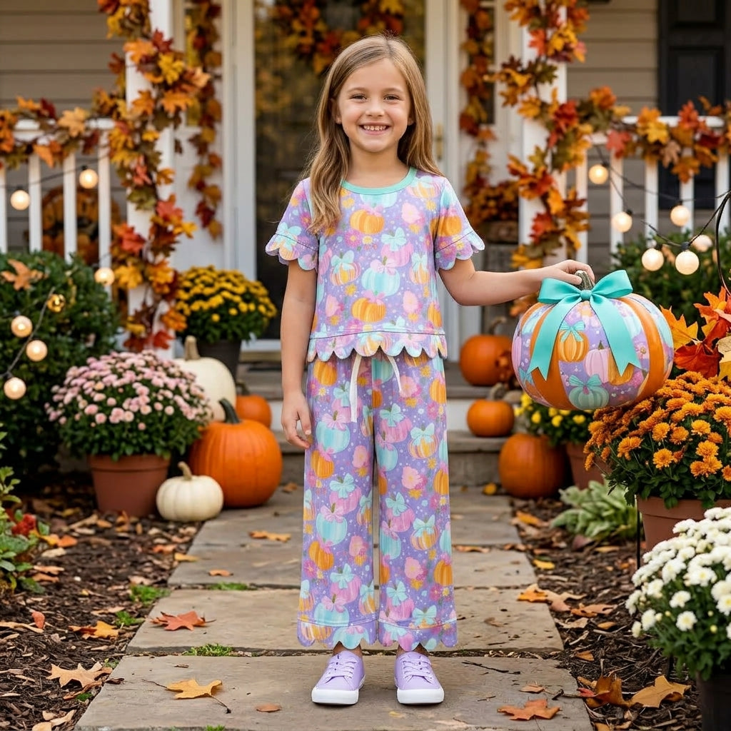 Pumpkin Flowers Bows Print Girls Fall Scallop Edge Clothes Set