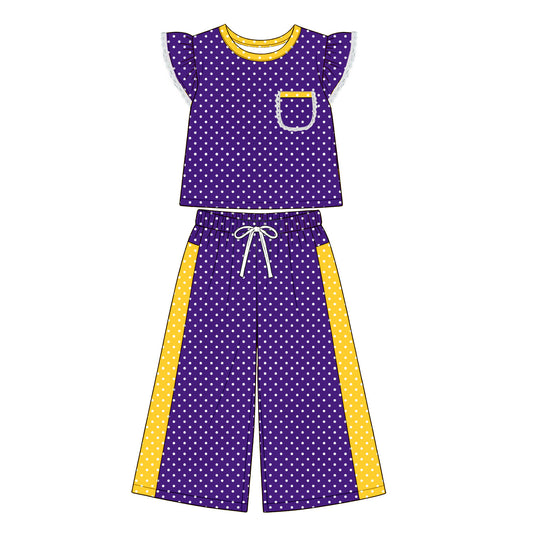 8.20 GSPO2366 Preorder Kids Girls Purple Polka Dot Ruffle Sleeve Top with Wide Leg Pants Outfit
