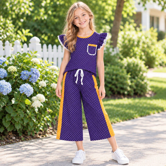GSPO2366 Teams Purple Polka Dot Ruffle Sleeve Top Wide Leg Pants Girls Outfit