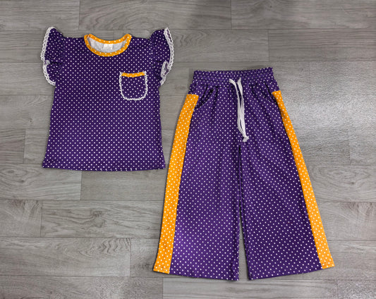 8.20 GSPO2366 Preorder Kids Girls Purple Polka Dot Ruffle Sleeve Top with Wide Leg Pants Outfit