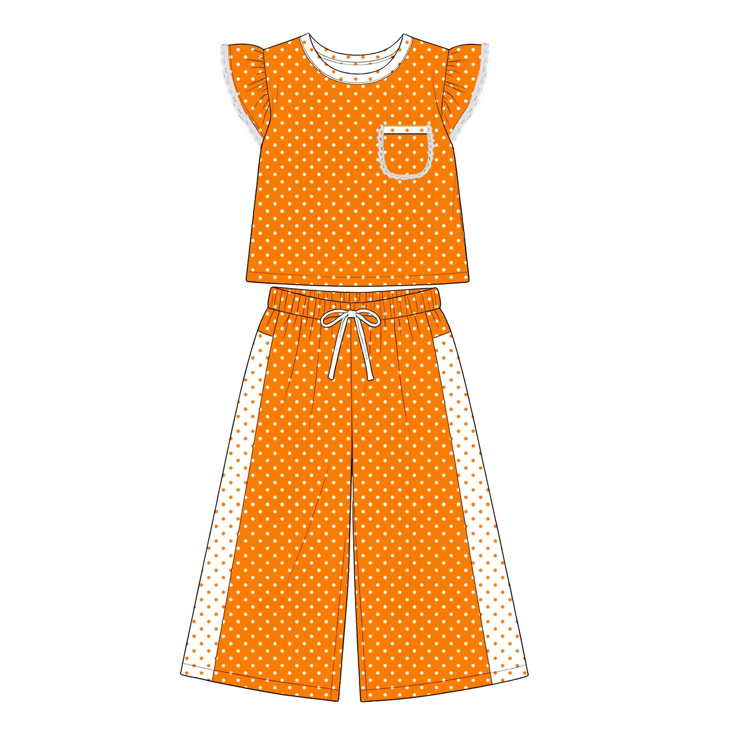 8.20 GSPO2367 Preorder Kids Girls Orange Polka Dot Ruffle Sleeve Top with Wide Leg Pants Outfit