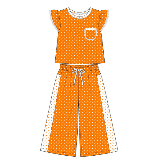 8.20 GSPO2367 Preorder Kids Girls Orange Polka Dot Ruffle Sleeve Top with Wide Leg Pants Outfit
