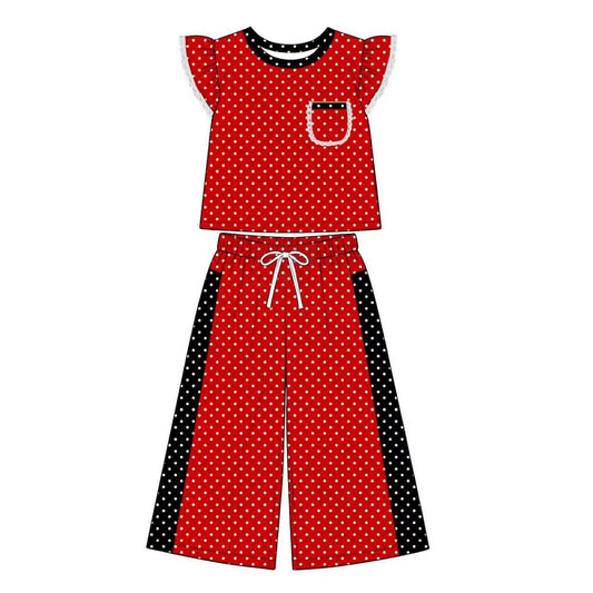 8.20 GSPO2370 Preorder Kids Girls  Red Polka Dot Ruffle Sleeve Top with Wide Leg Pants Outfit
